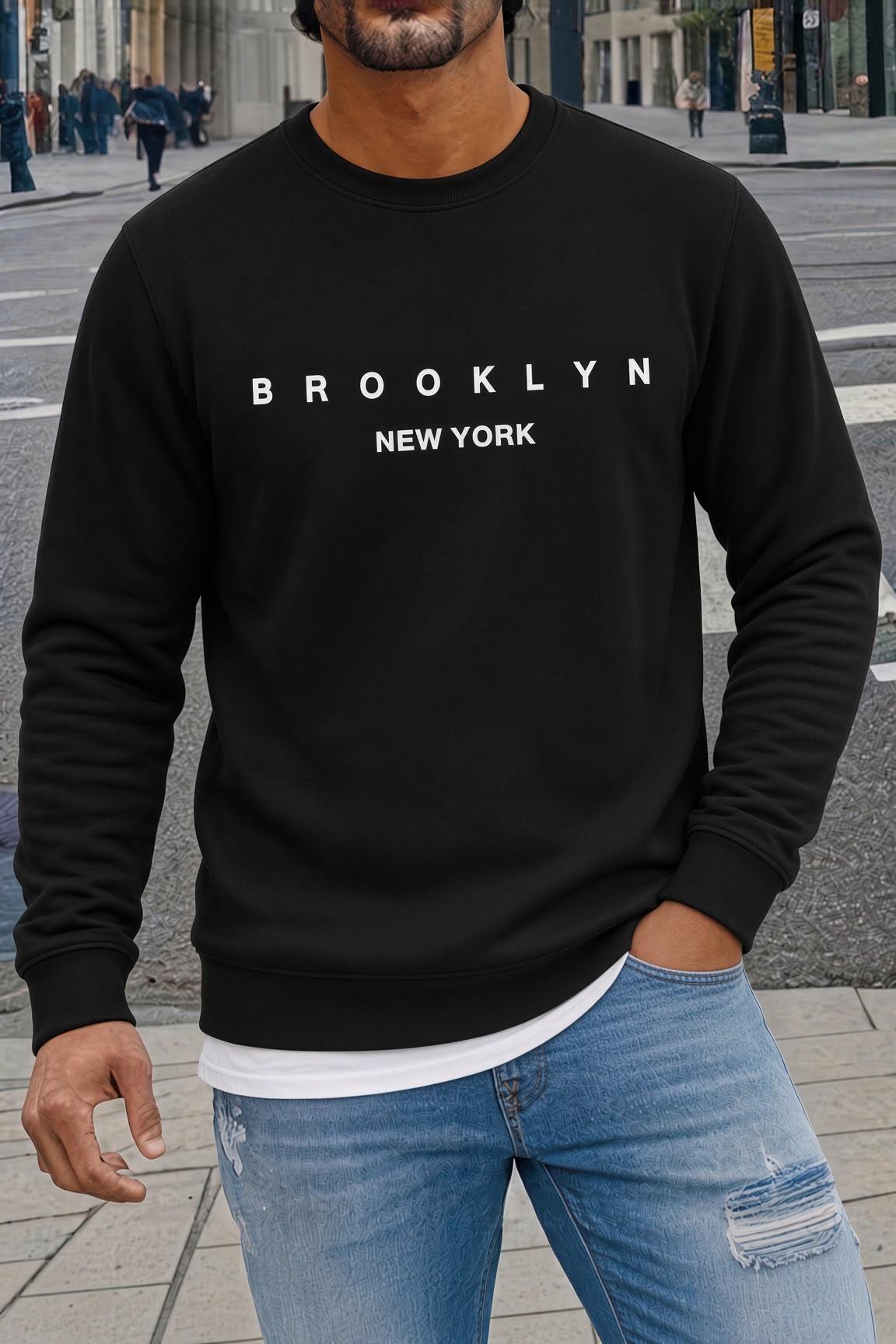 Bs Newyork Brooklyn Baskılı İki İplik Pamuklu Erkek Kanguru Cepli Kapüşonlu Sweatshirt / Hoodie