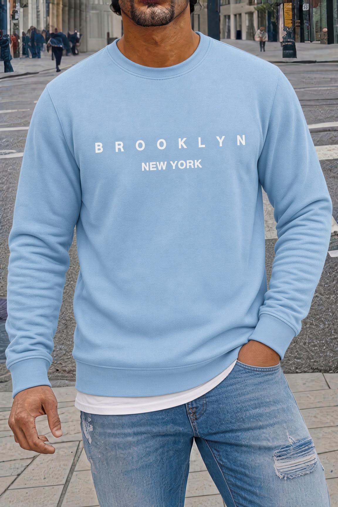 Bs Newyork Brooklyn Baskılı İki İplik Pamuklu Erkek Kanguru Cepli Kapüşonlu Sweatshirt / Hoodie