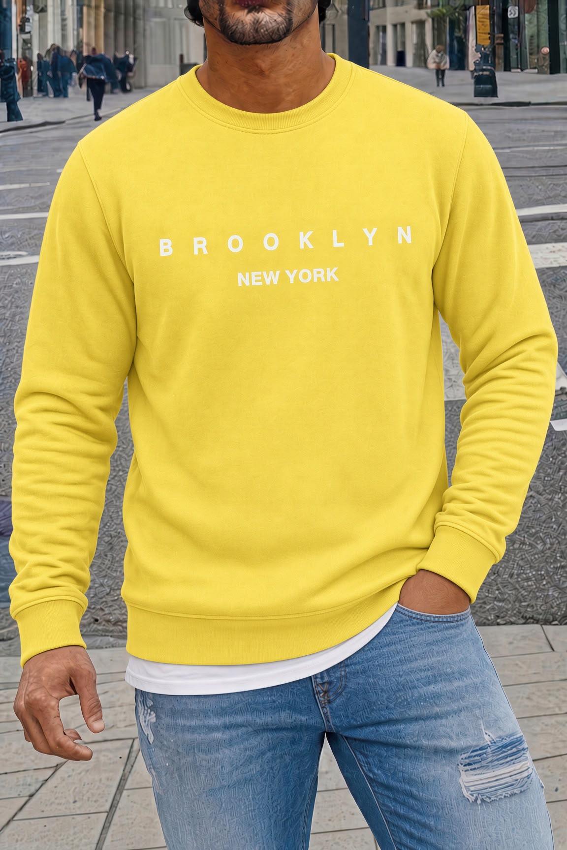 Bs Newyork Brooklyn Baskılı İki İplik Pamuklu Erkek Kanguru Cepli Kapüşonlu Sweatshirt / Hoodie