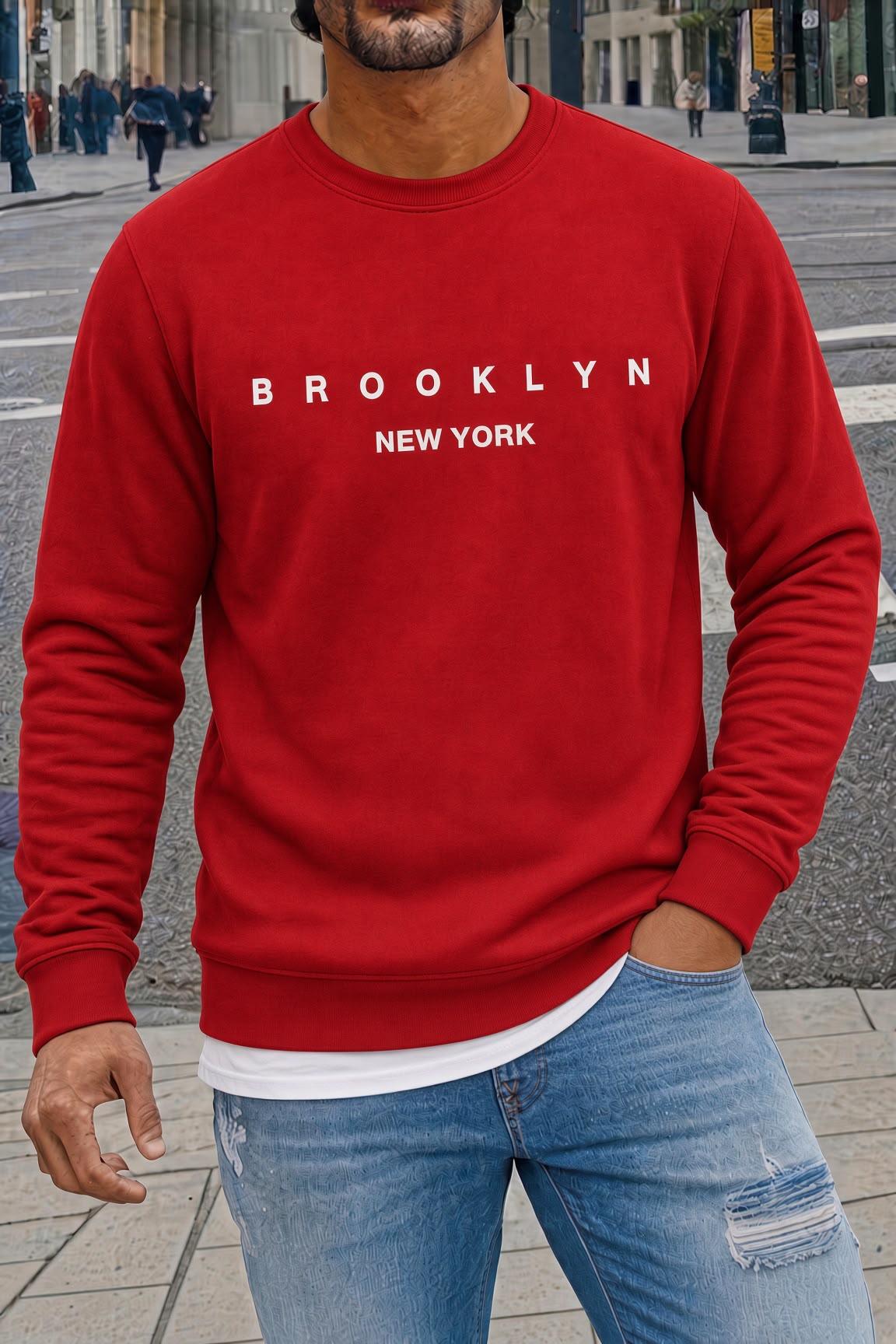 Bs Newyork Brooklyn Baskılı İki İplik Pamuklu Erkek Kanguru Cepli Kapüşonlu Sweatshirt / Hoodie