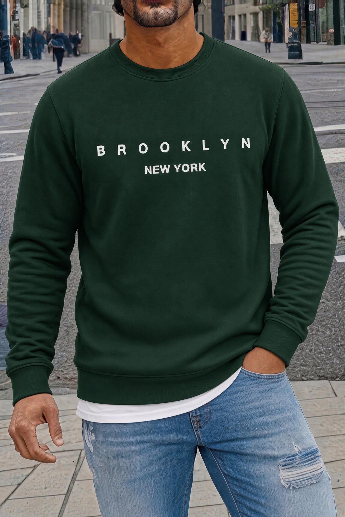 Bs Newyork Brooklyn Baskılı İki İplik Pamuklu Erkek Kanguru Cepli Kapüşonlu Sweatshirt / Hoodie