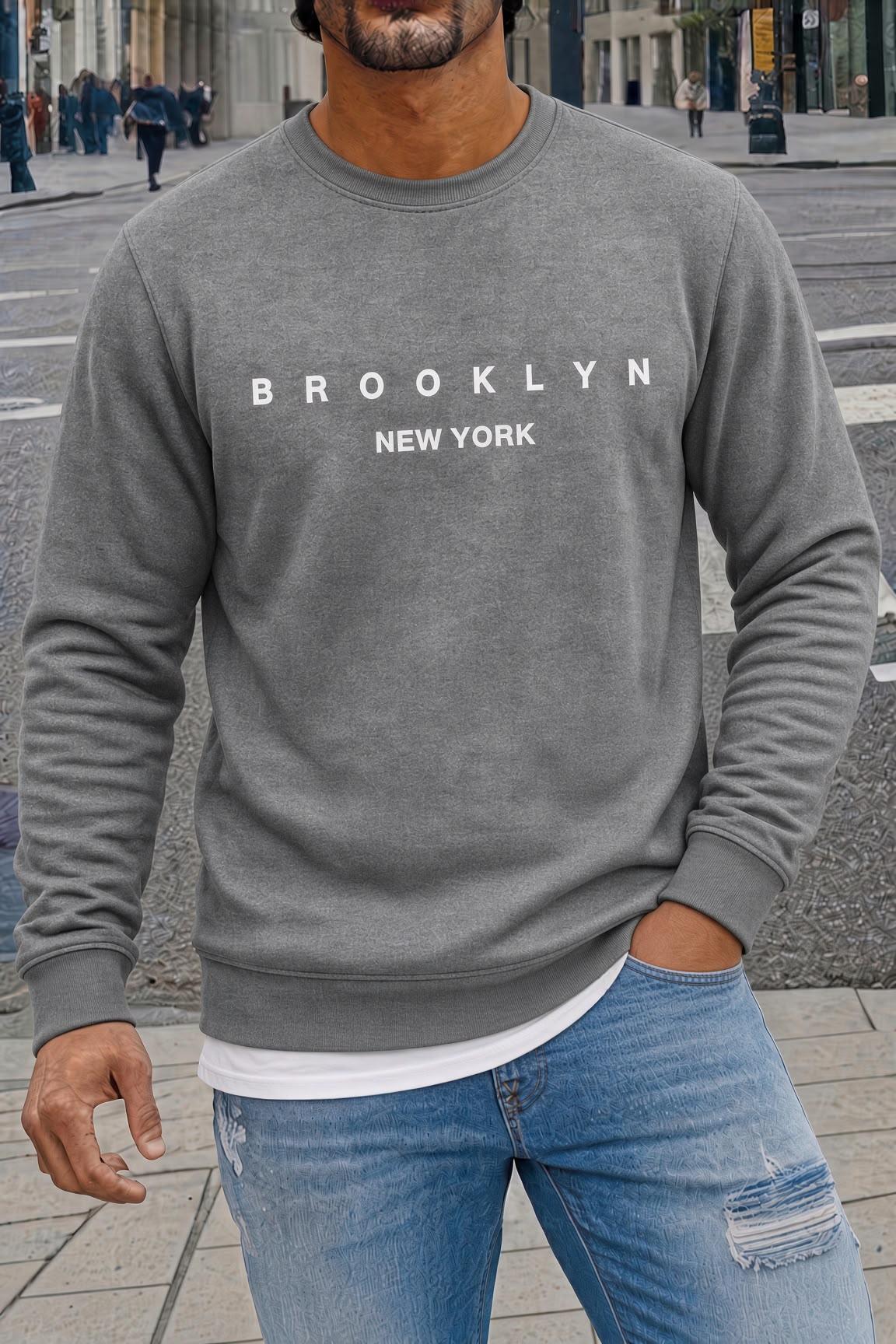 Bs Newyork Brooklyn Baskılı İki İplik Pamuklu Erkek Kanguru Cepli Kapüşonlu Sweatshirt / Hoodie
