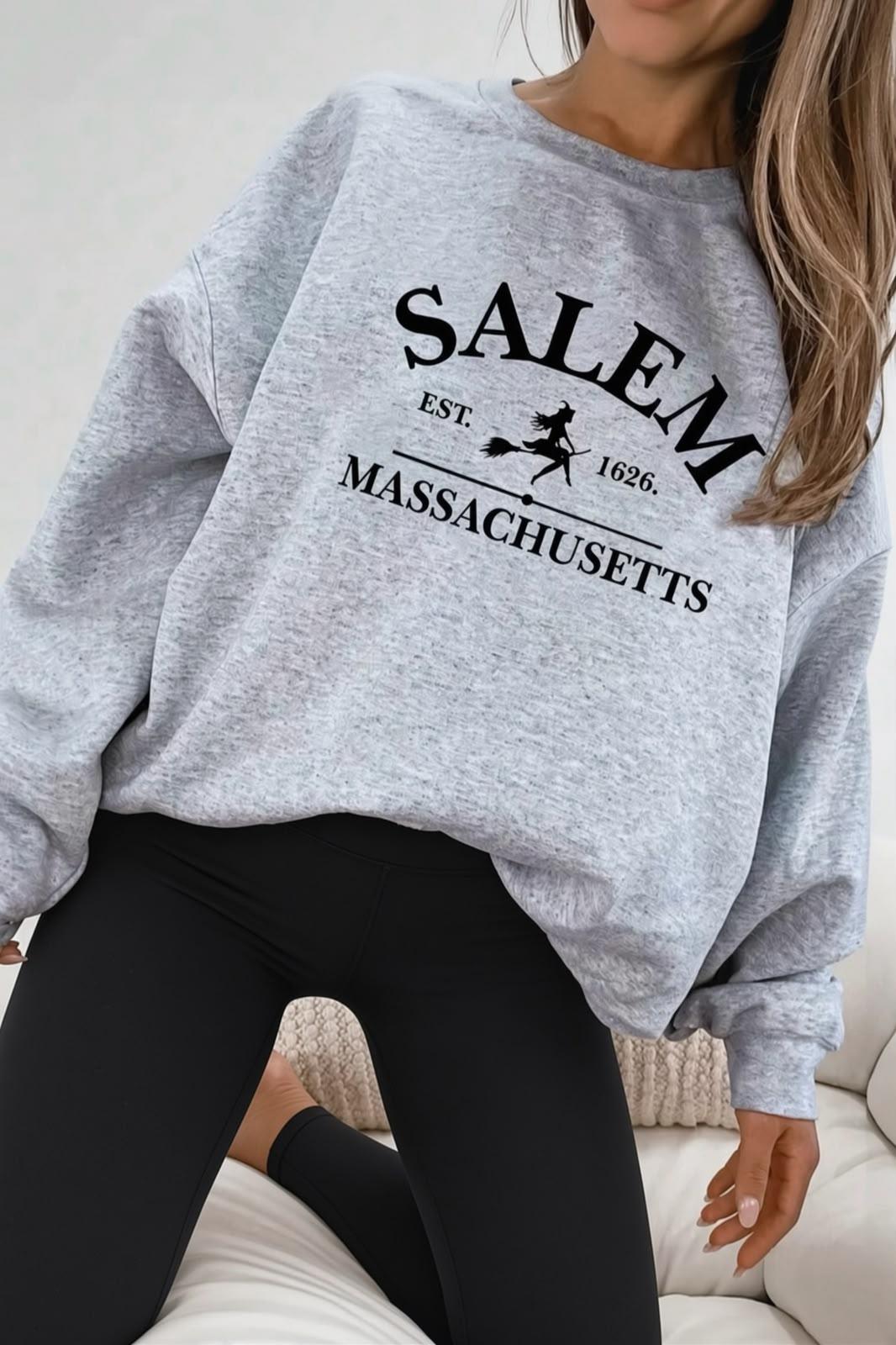 Bs Salem Massachusetts Ön Baskılı Kadın Oversize Bisiklet Yaka Sweatshirt
