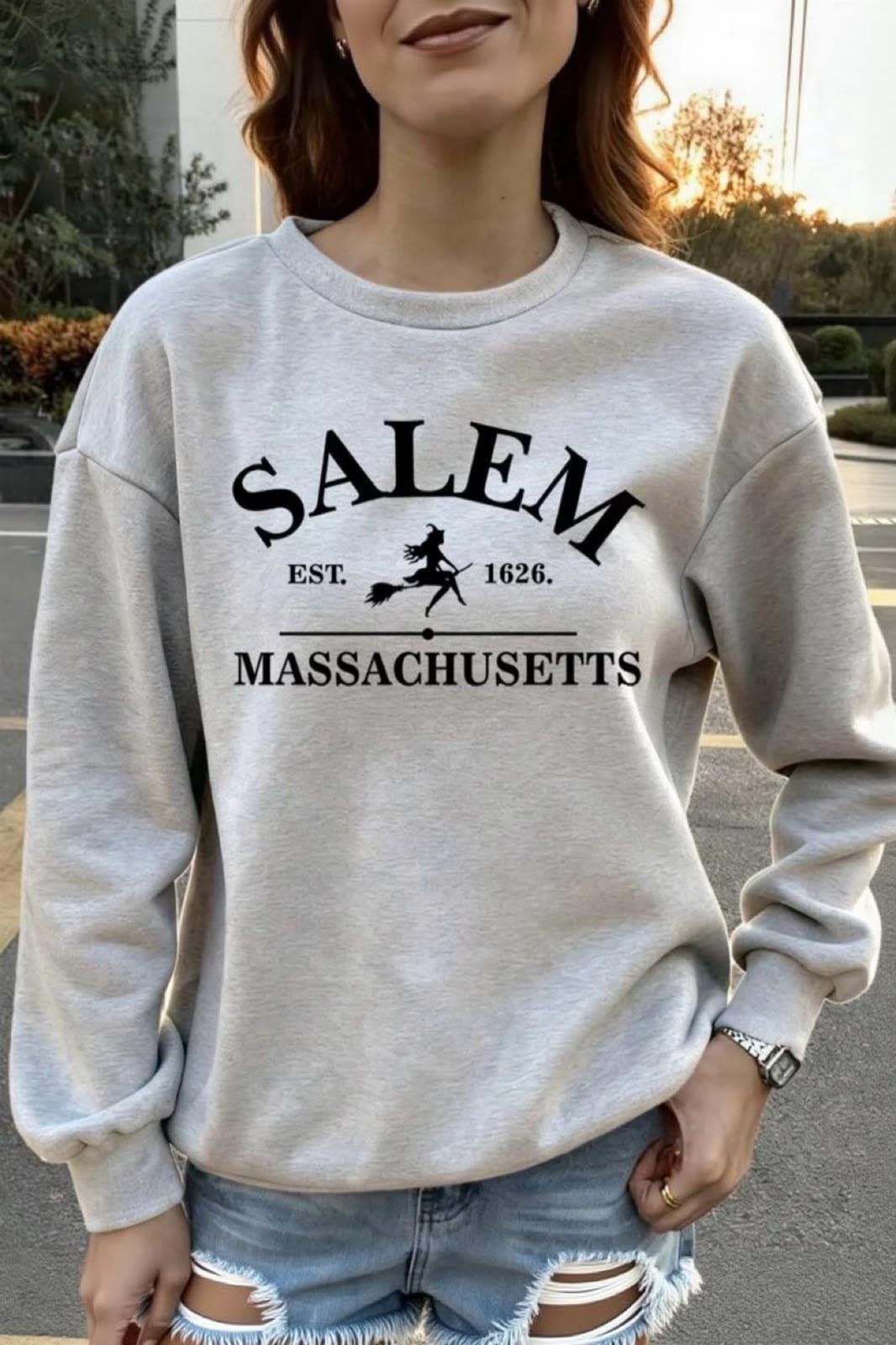 Bs Salem Massachusetts Ön Baskılı Kadın Oversize Bisiklet Yaka Sweatshirt