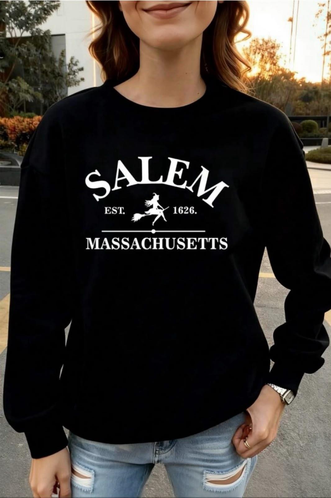 Bs Salem Massachusetts Ön Baskılı Kadın Oversize Bisiklet Yaka Sweatshirt