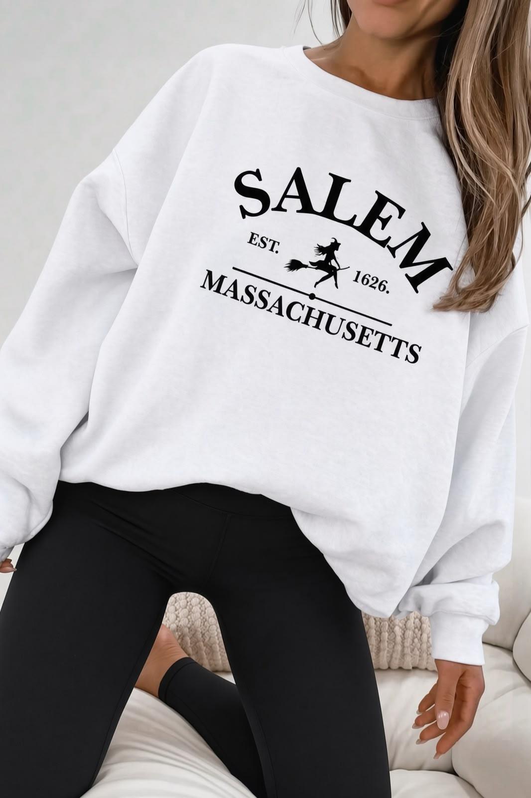 Bs Salem Massachusetts Ön Baskılı Kadın Oversize Bisiklet Yaka Sweatshirt