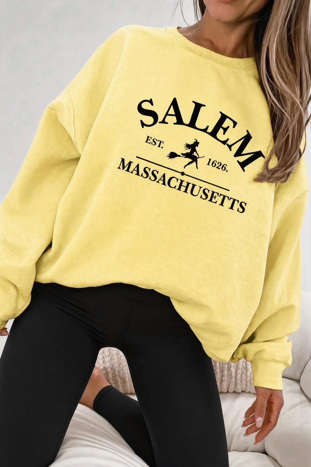 Bs Salem Massachusetts Ön Baskılı Kadın Oversize Bisiklet Yaka Sweatshirt