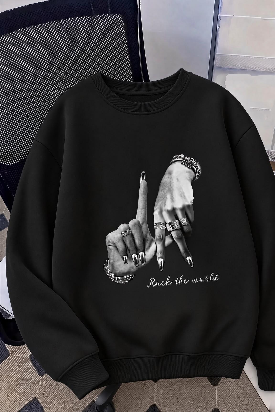 Bs Unisex Oversize LA Sırt Baskılı "Rock The World" İki İplik Şardonlu Bisiklet Yaka Sweatshirt