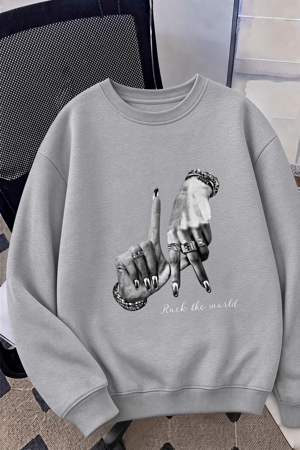 Bs Unisex Oversize LA Sırt Baskılı "Rock The World" İki İplik Şardonlu Bisiklet Yaka Sweatshirt