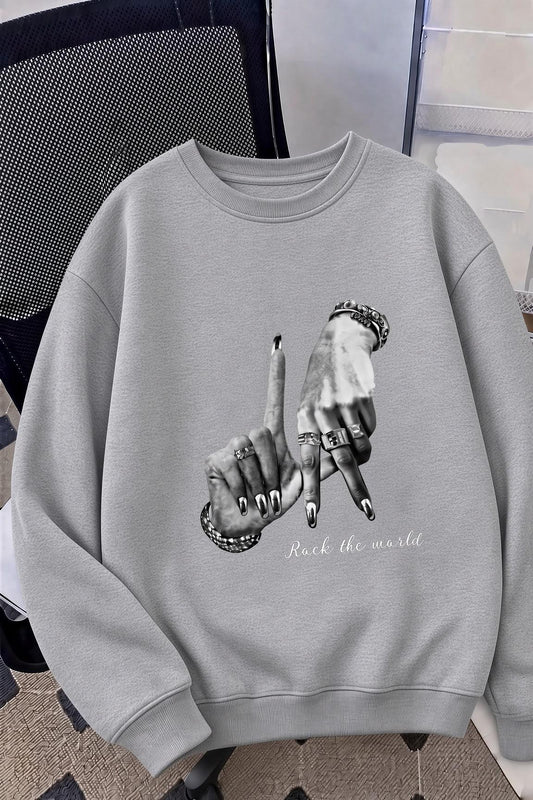 Bs Unisex Oversize LA Sırt Baskılı "Rock The World" İki İplik Şardonlu Bisiklet Yaka Sweatshirt