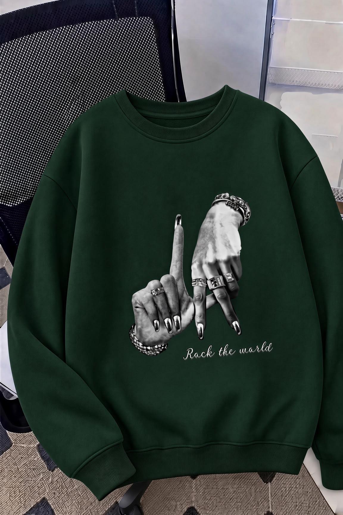 Bs Unisex Oversize LA Sırt Baskılı "Rock The World" İki İplik Şardonlu Bisiklet Yaka Sweatshirt