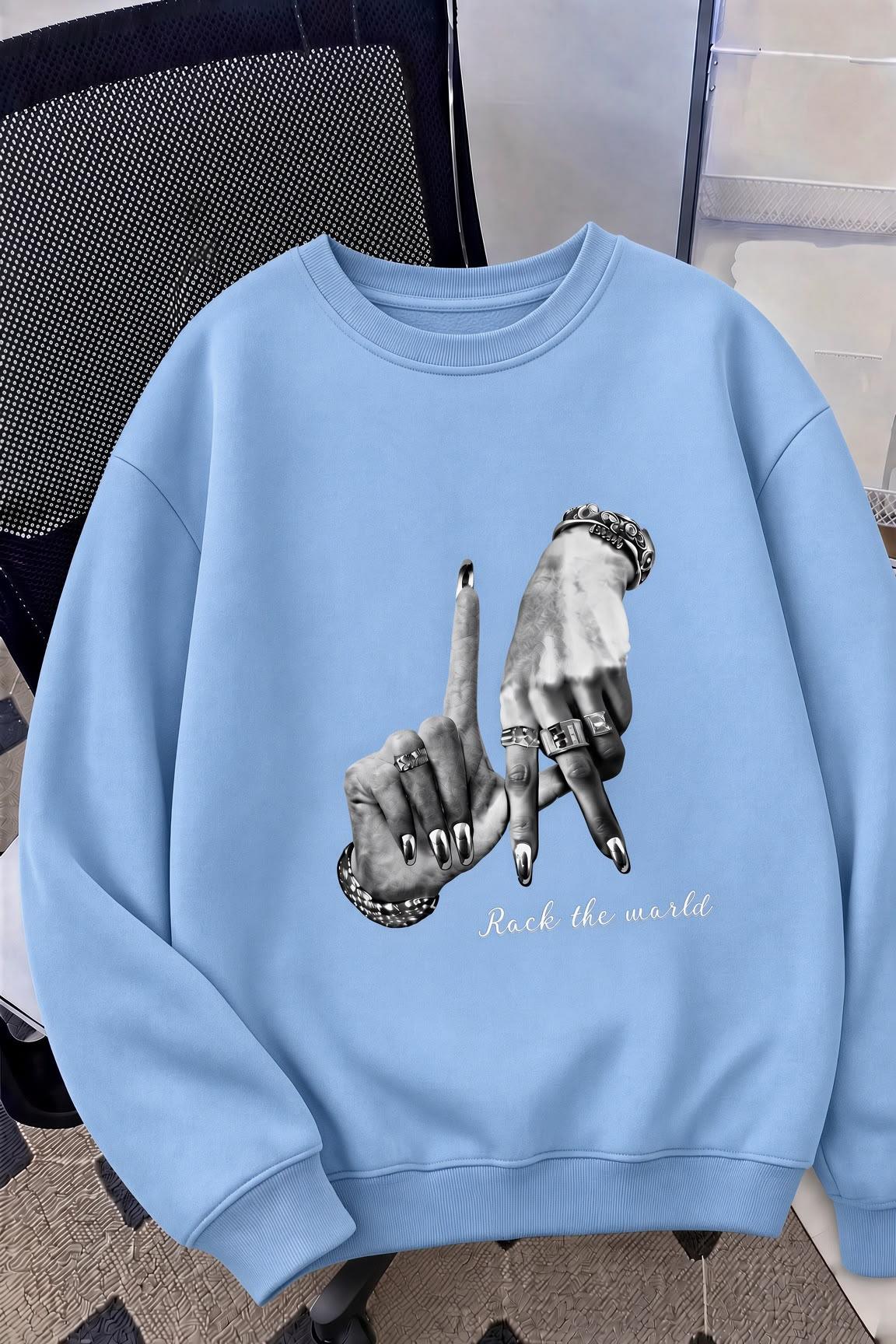 Bs Unisex Oversize LA Sırt Baskılı "Rock The World" İki İplik Şardonlu Bisiklet Yaka Sweatshirt