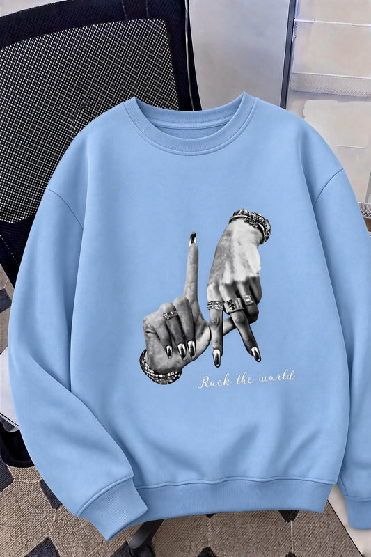 Bs Unisex Oversize LA Sırt Baskılı "Rock The World" İki İplik Şardonlu Bisiklet Yaka Sweatshirt