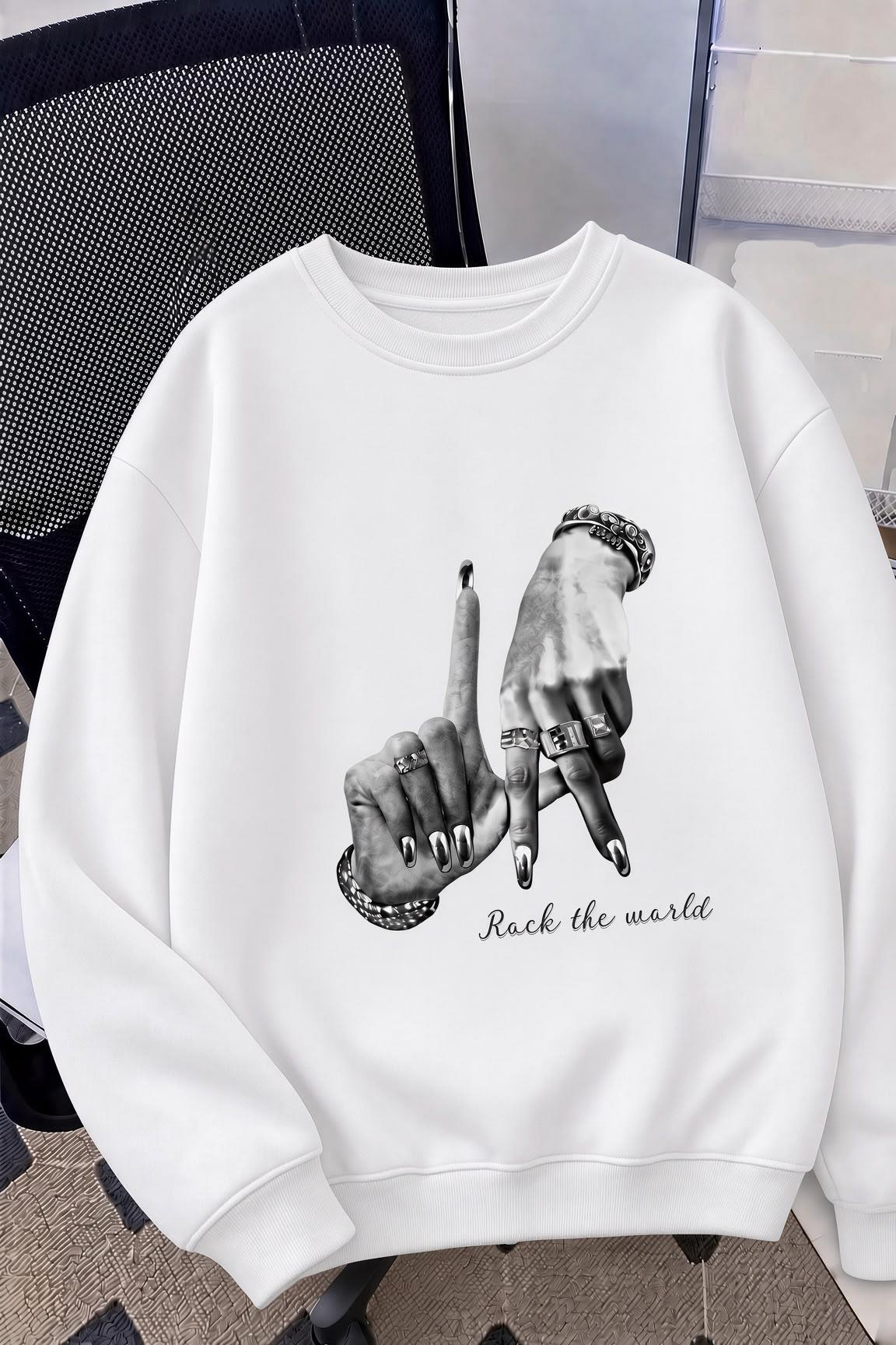 Bs Unisex Oversize LA Sırt Baskılı "Rock The World" İki İplik Şardonlu Bisiklet Yaka Sweatshirt