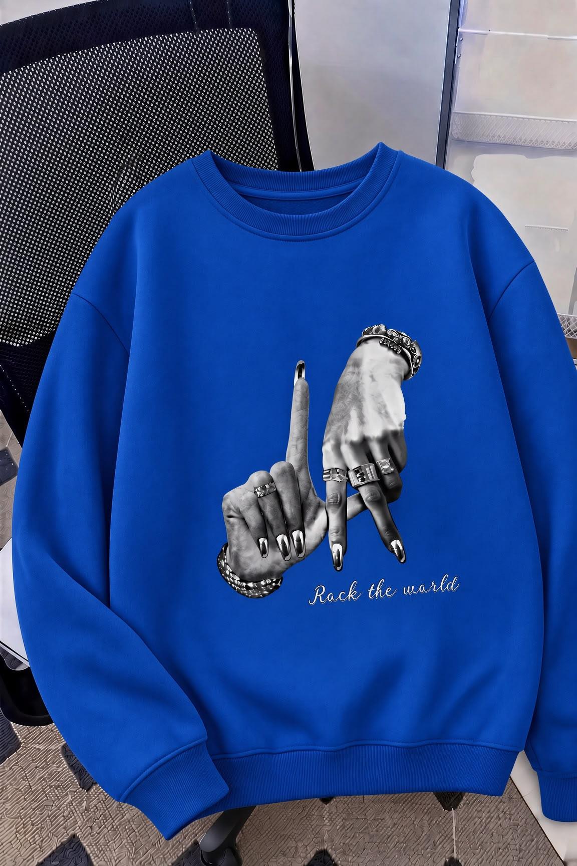 Bs Unisex Oversize LA Sırt Baskılı "Rock The World" İki İplik Şardonlu Bisiklet Yaka Sweatshirt
