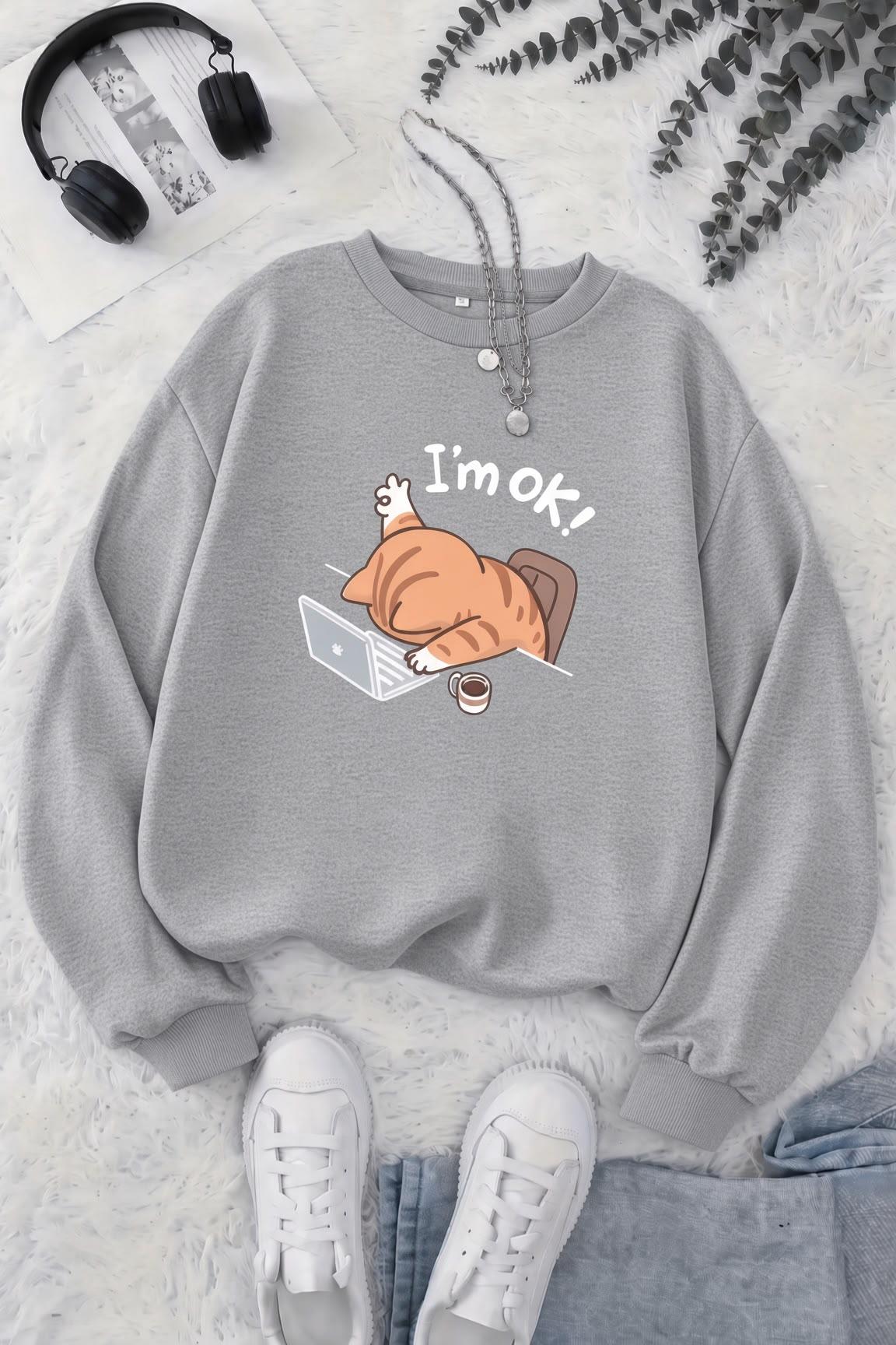 BS Yorgun Kedi Baskılı Bisiklet Yaka Unisex İki İplik Şardonlu Sweatshirt