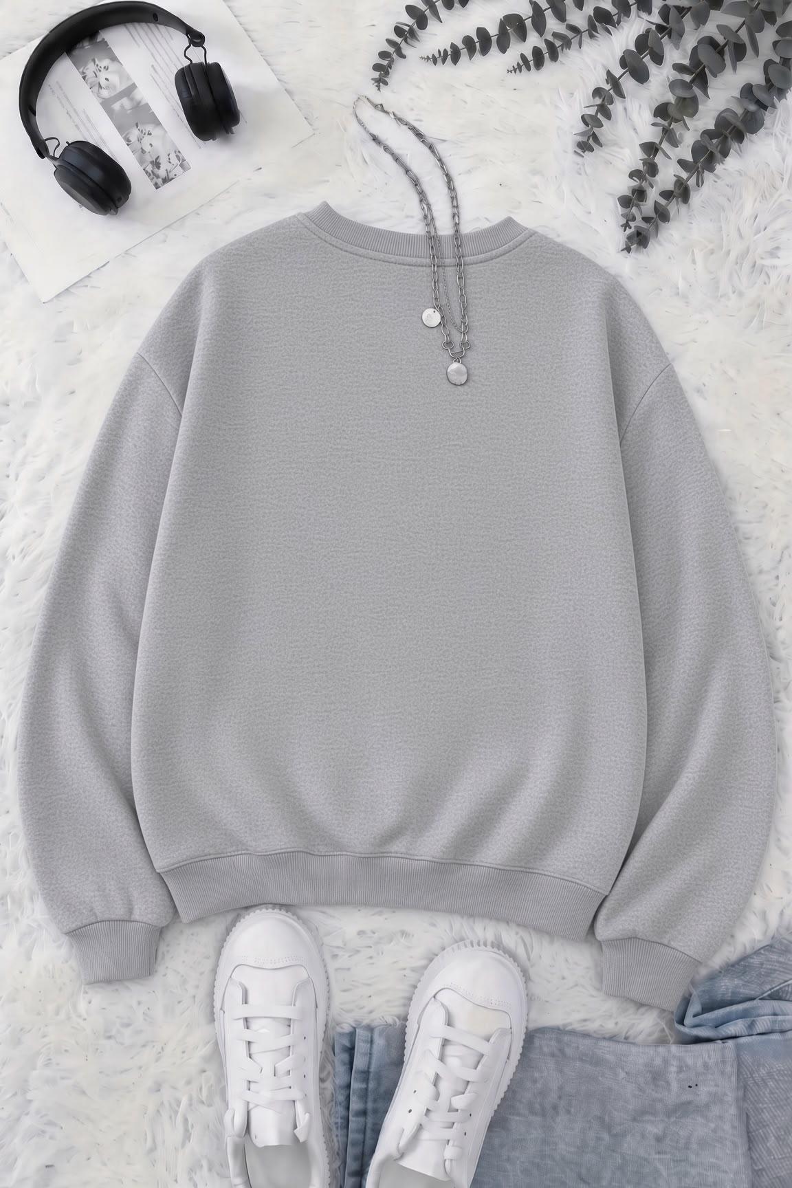 BS Yorgun Kedi Baskılı Bisiklet Yaka Unisex İki İplik Şardonlu Sweatshirt