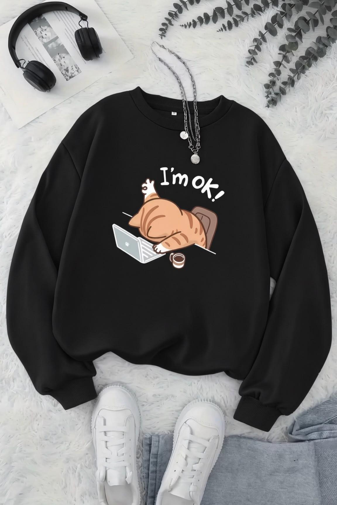 BS Yorgun Kedi Baskılı Bisiklet Yaka Unisex İki İplik Şardonlu Sweatshirt