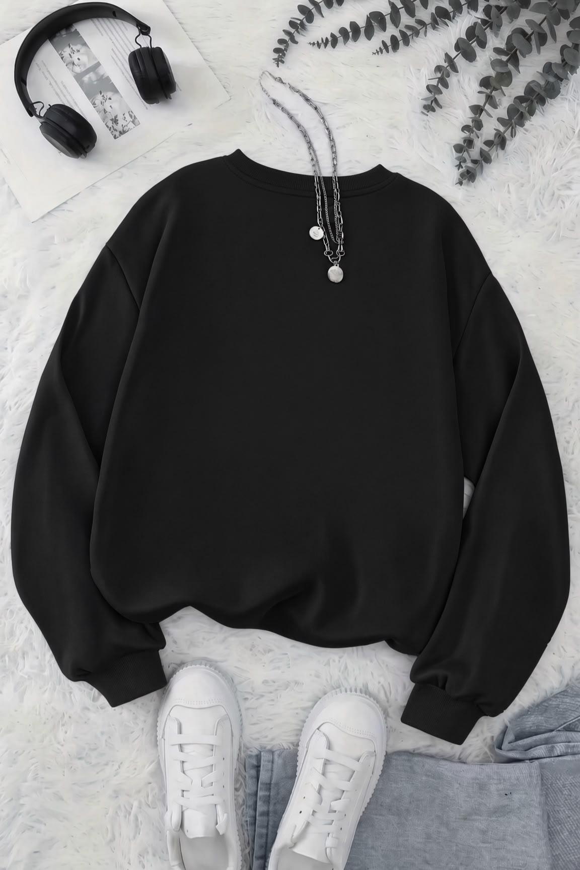 BS Yorgun Kedi Baskılı Bisiklet Yaka Unisex İki İplik Şardonlu Sweatshirt