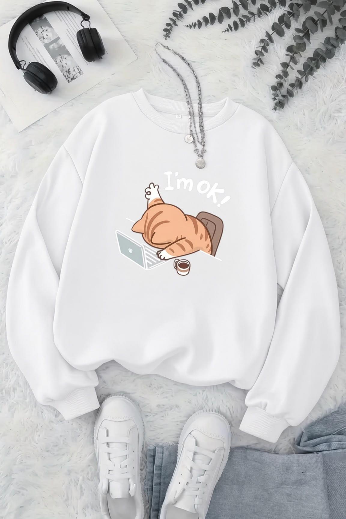 BS Yorgun Kedi Baskılı Bisiklet Yaka Unisex İki İplik Şardonlu Sweatshirt