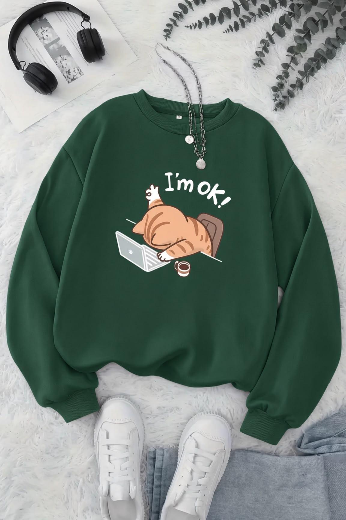 BS Yorgun Kedi Baskılı Bisiklet Yaka Unisex İki İplik Şardonlu Sweatshirt