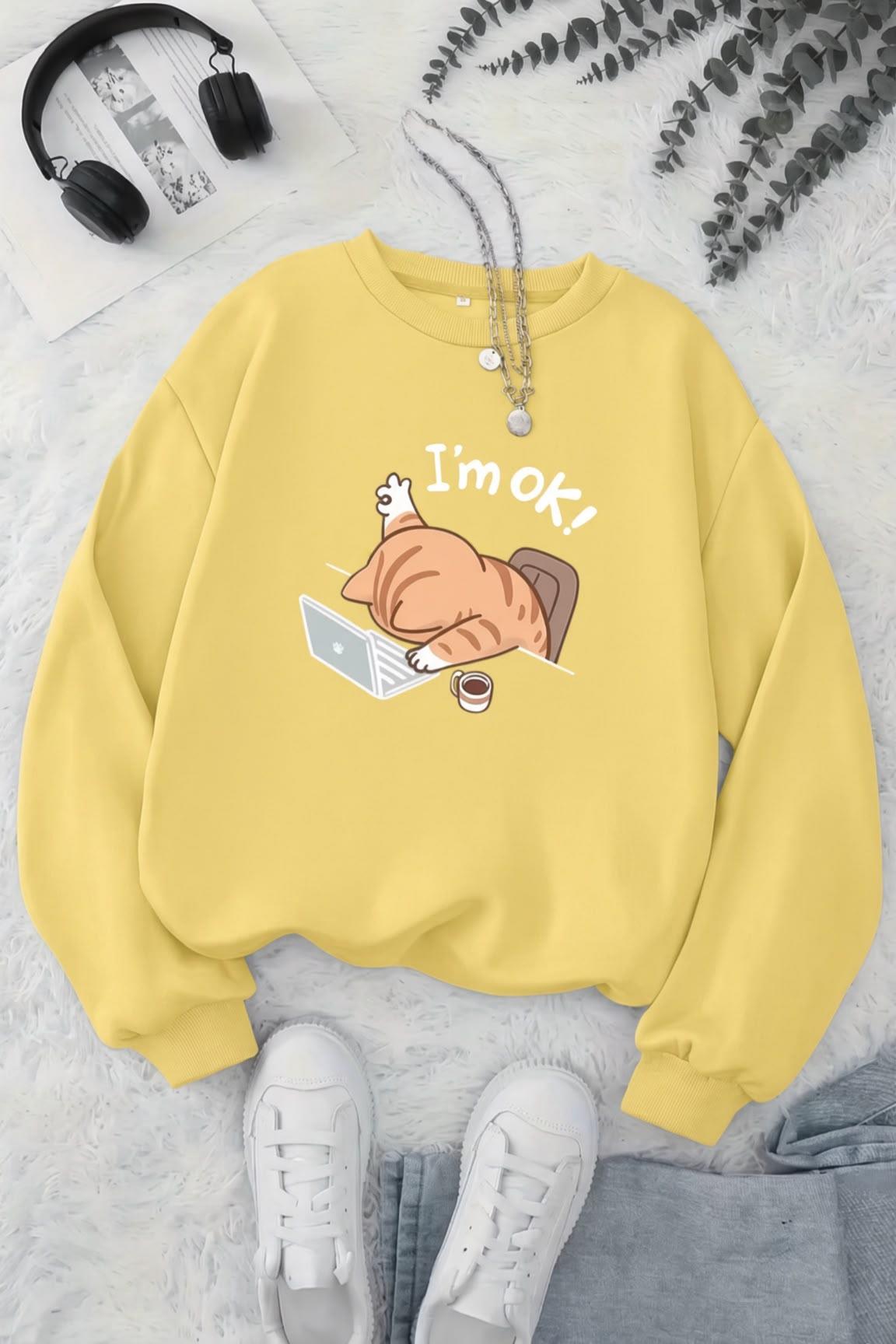 BS Yorgun Kedi Baskılı Bisiklet Yaka Unisex İki İplik Şardonlu Sweatshirt