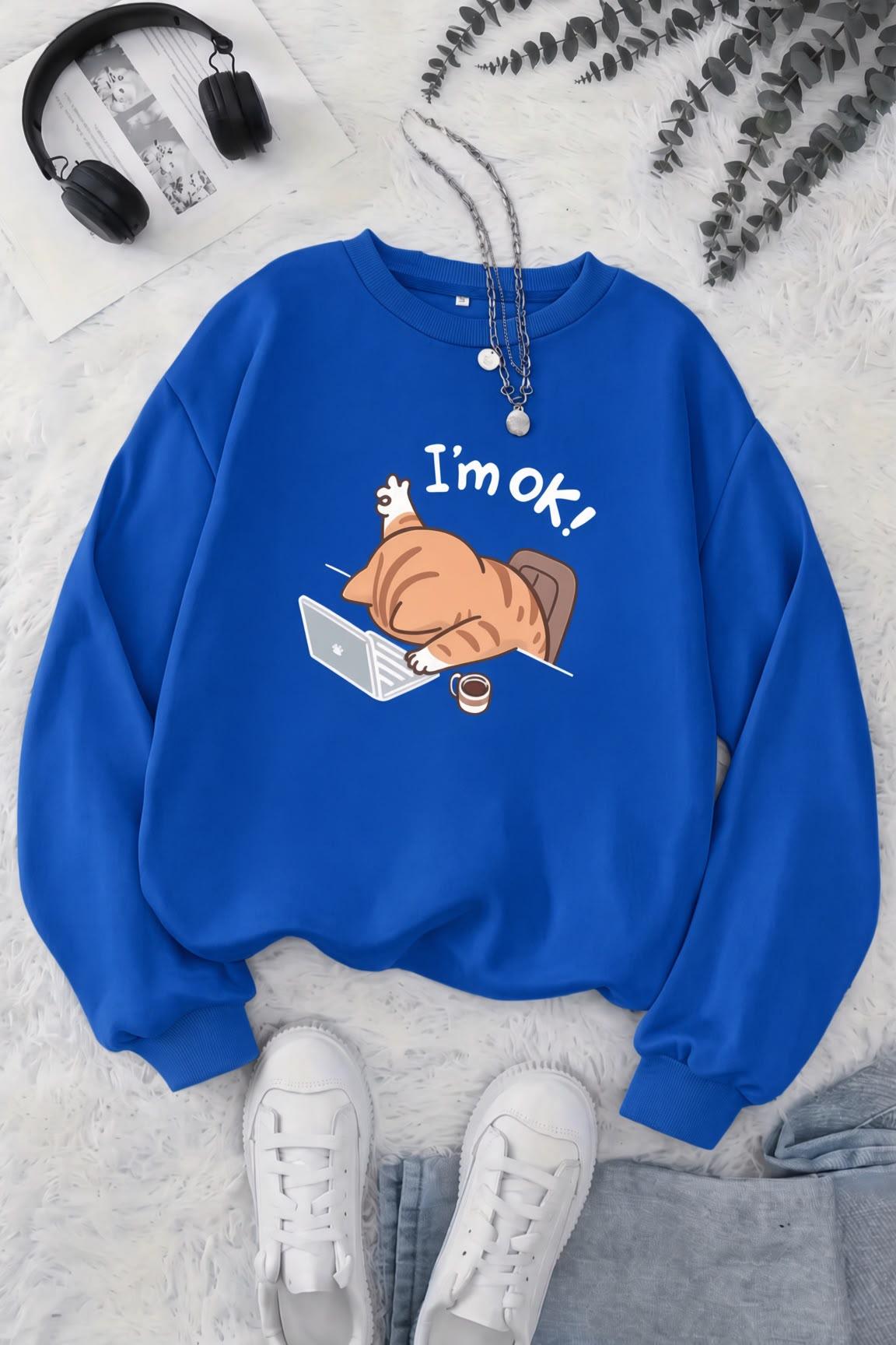 BS Yorgun Kedi Baskılı Bisiklet Yaka Unisex İki İplik Şardonlu Sweatshirt