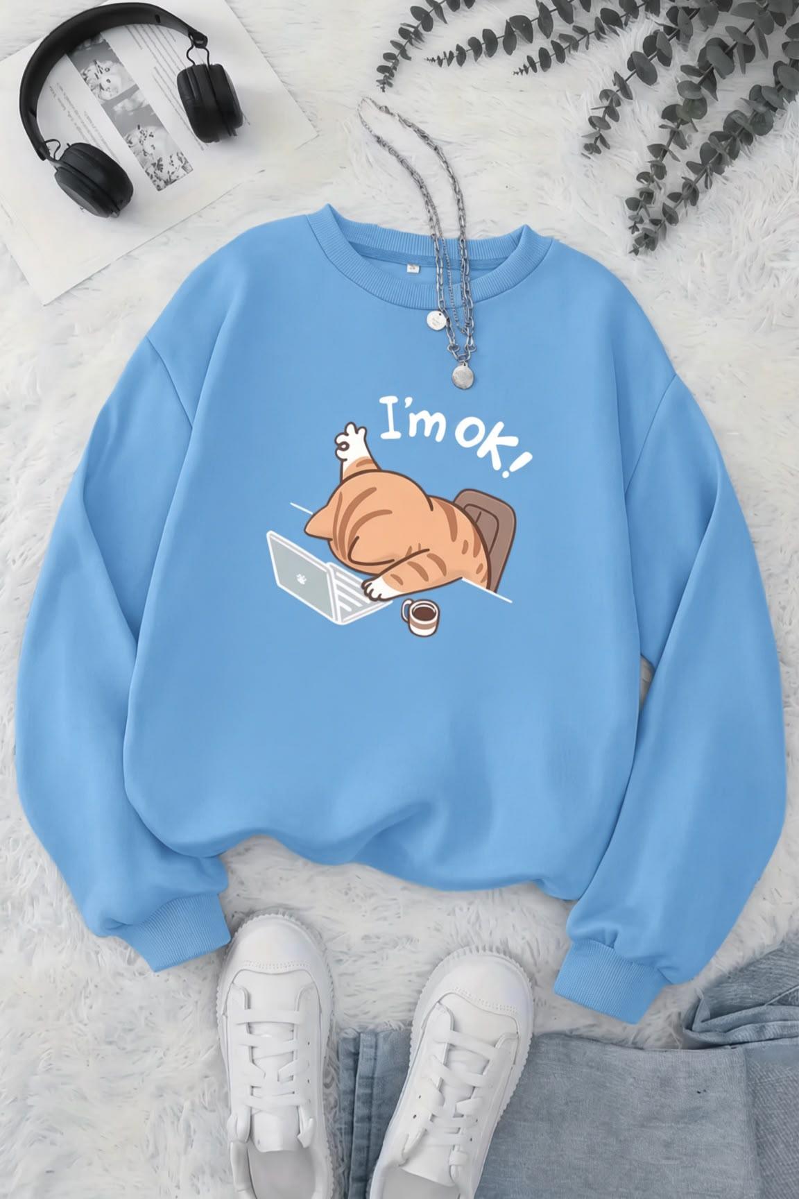BS Yorgun Kedi Baskılı Bisiklet Yaka Unisex İki İplik Şardonlu Sweatshirt