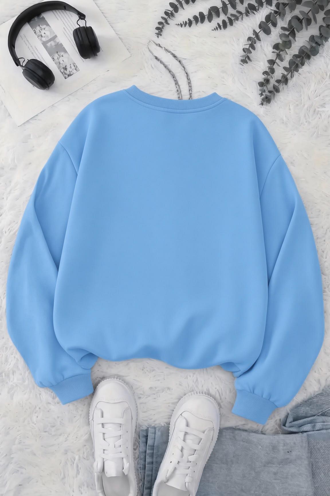 BS Yorgun Kedi Baskılı Bisiklet Yaka Unisex İki İplik Şardonlu Sweatshirt