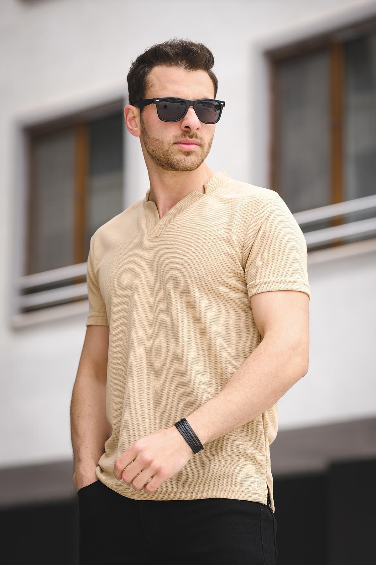 Burchard Üçgen Biyeli Waffle Slim Fit V Yaka Erkek Tshirt