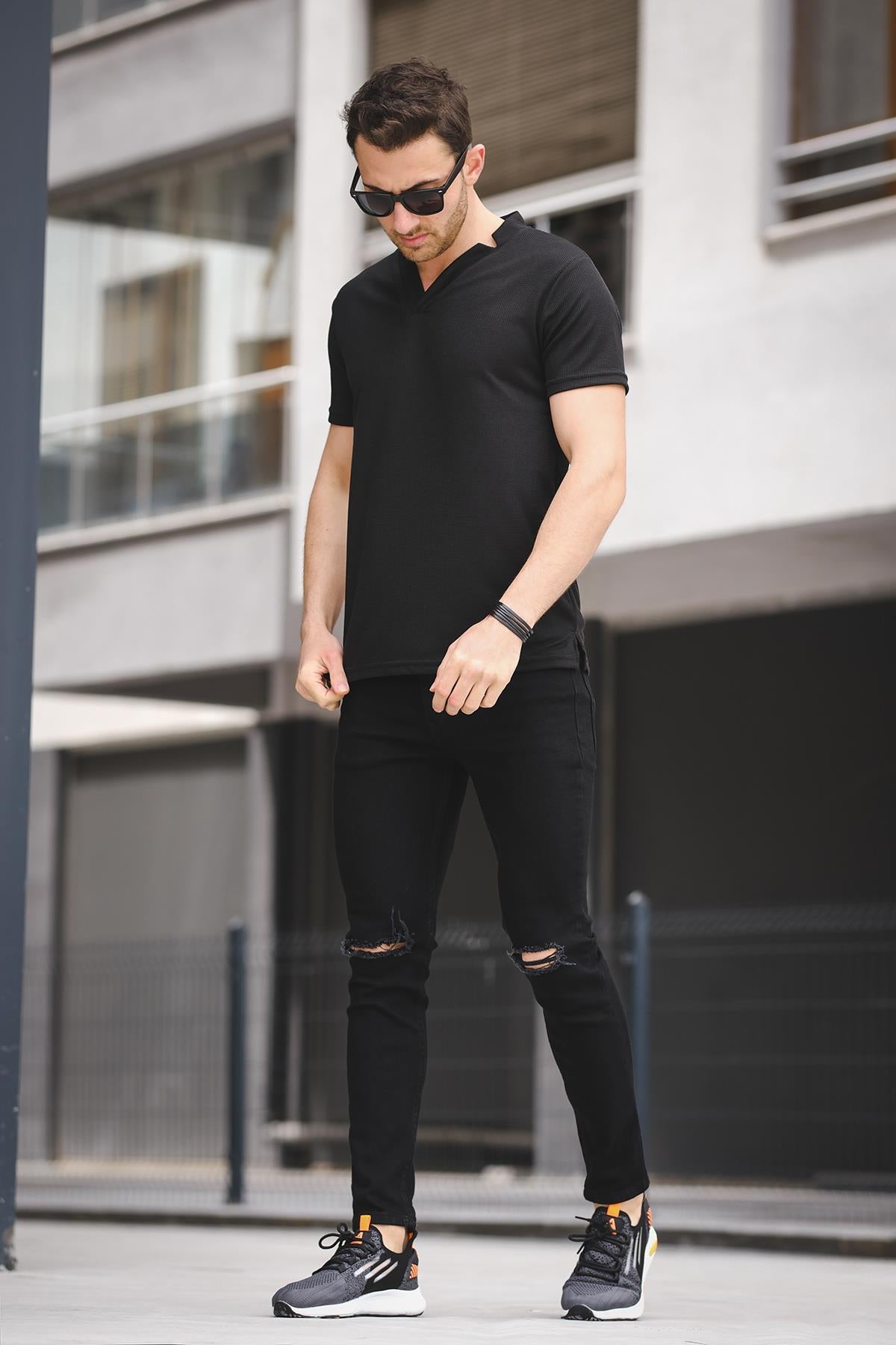 Burchard Üçgen Biyeli Waffle Slim Fit V Yaka Erkek Tshirt