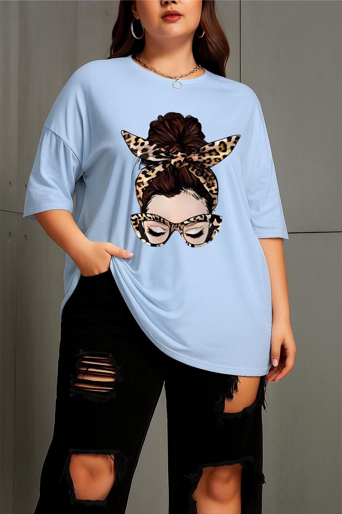 Ceny Kadın Büyük Beden Battal Baskılı Bisiklet Yaka Pamuklu T-Shirt Rahat Kesim Unisex Sevgili Kombini