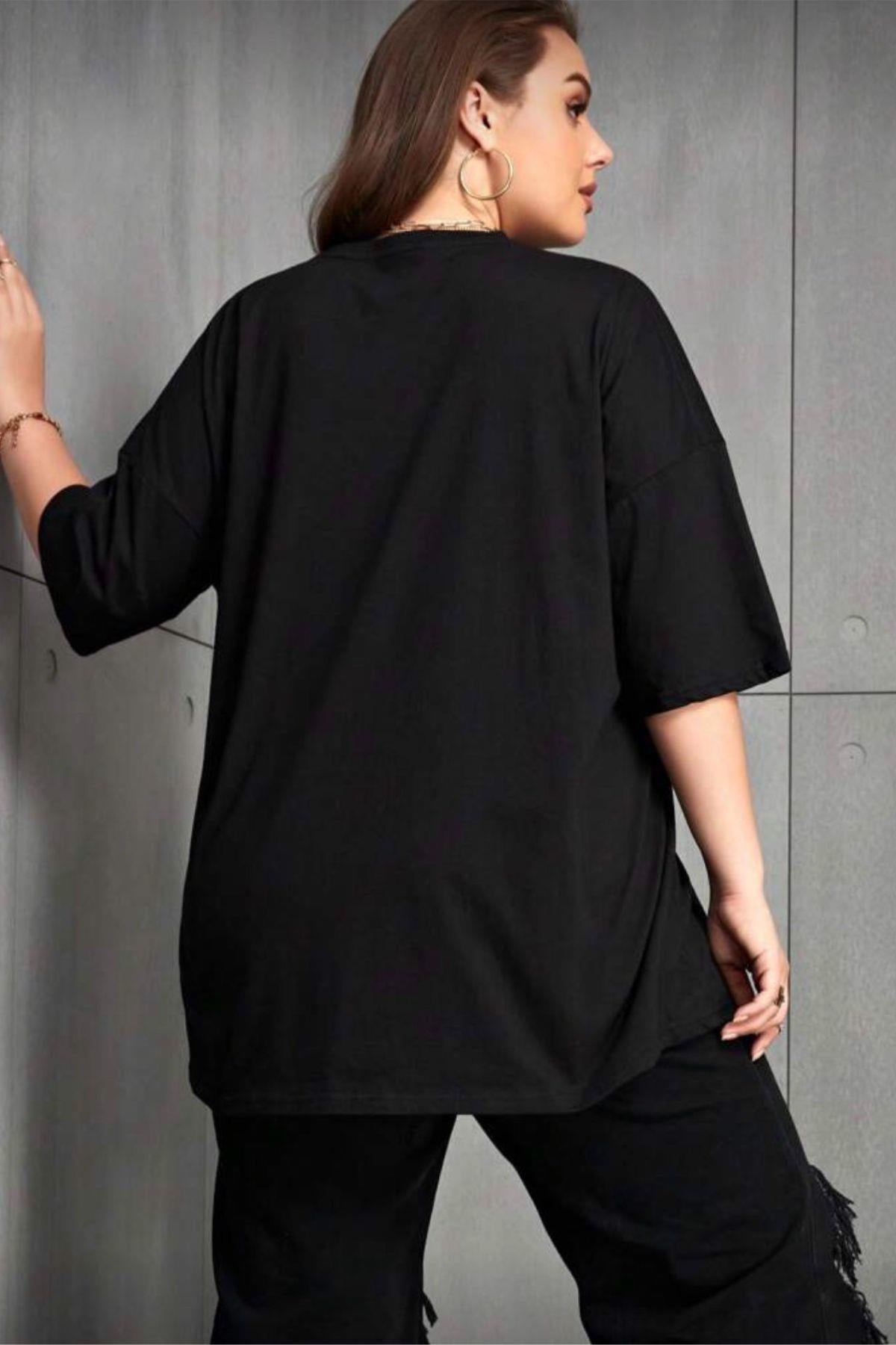 Ceny Kadın Büyük Beden Battal Baskılı Bisiklet Yaka Pamuklu T-Shirt Rahat Kesim Unisex Sevgili Kombini