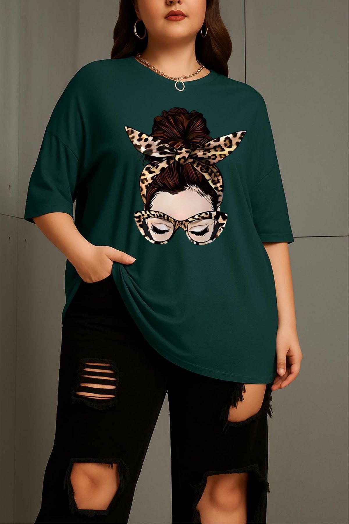 Ceny Kadın Büyük Beden Battal Baskılı Bisiklet Yaka Pamuklu T-Shirt Rahat Kesim Unisex Sevgili Kombini