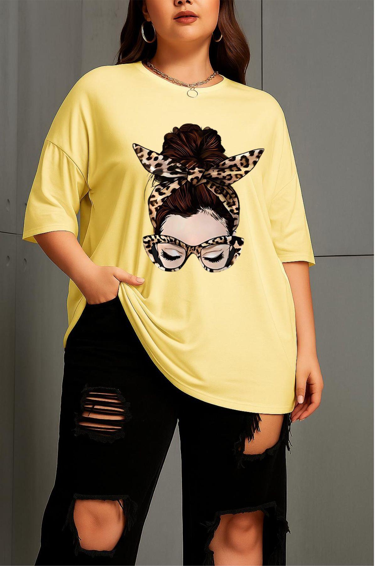 Ceny Kadın Büyük Beden Battal Baskılı Bisiklet Yaka Pamuklu T-Shirt Rahat Kesim Unisex Sevgili Kombini