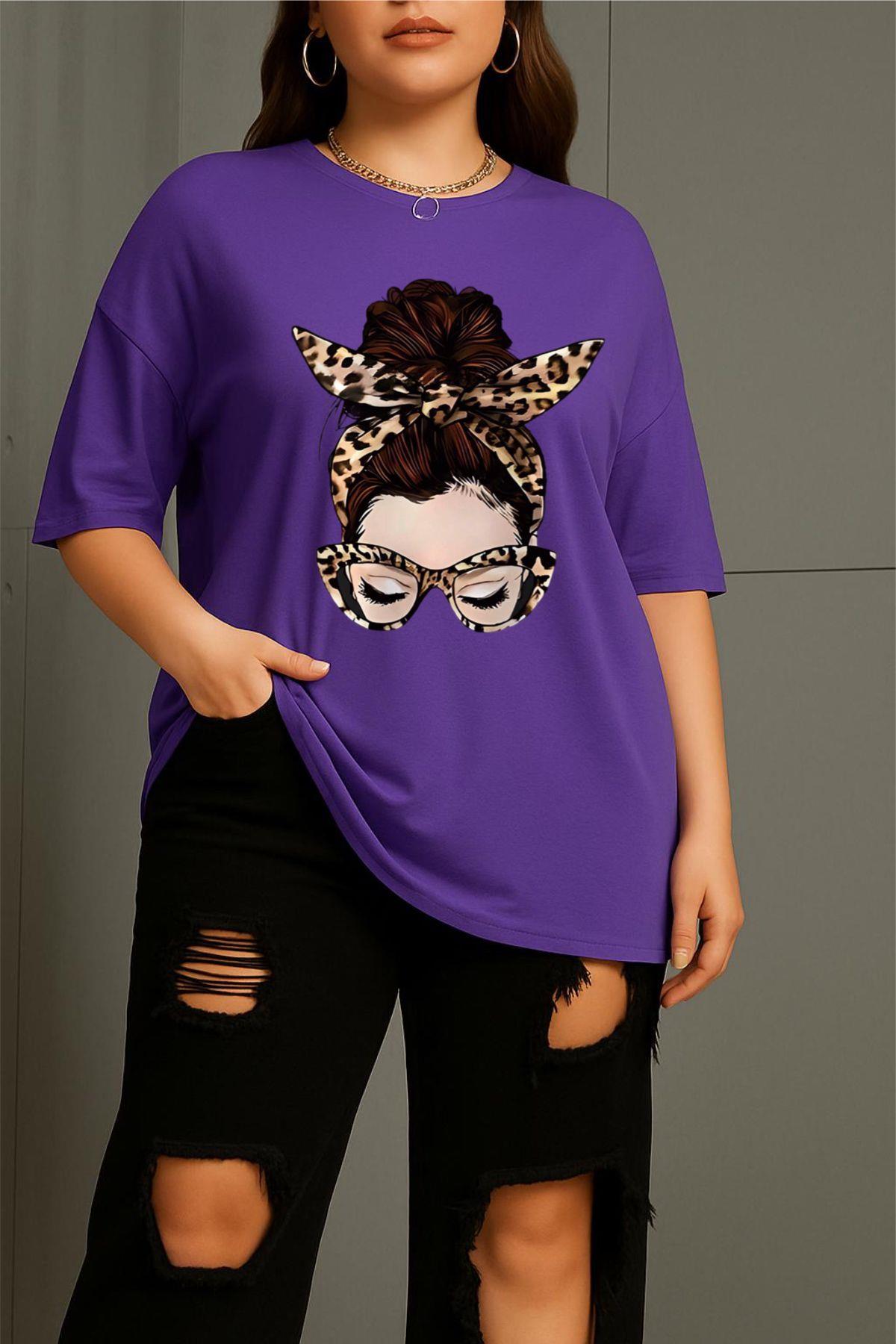 Ceny Kadın Büyük Beden Battal Baskılı Bisiklet Yaka Pamuklu T-Shirt Rahat Kesim Unisex Sevgili Kombini