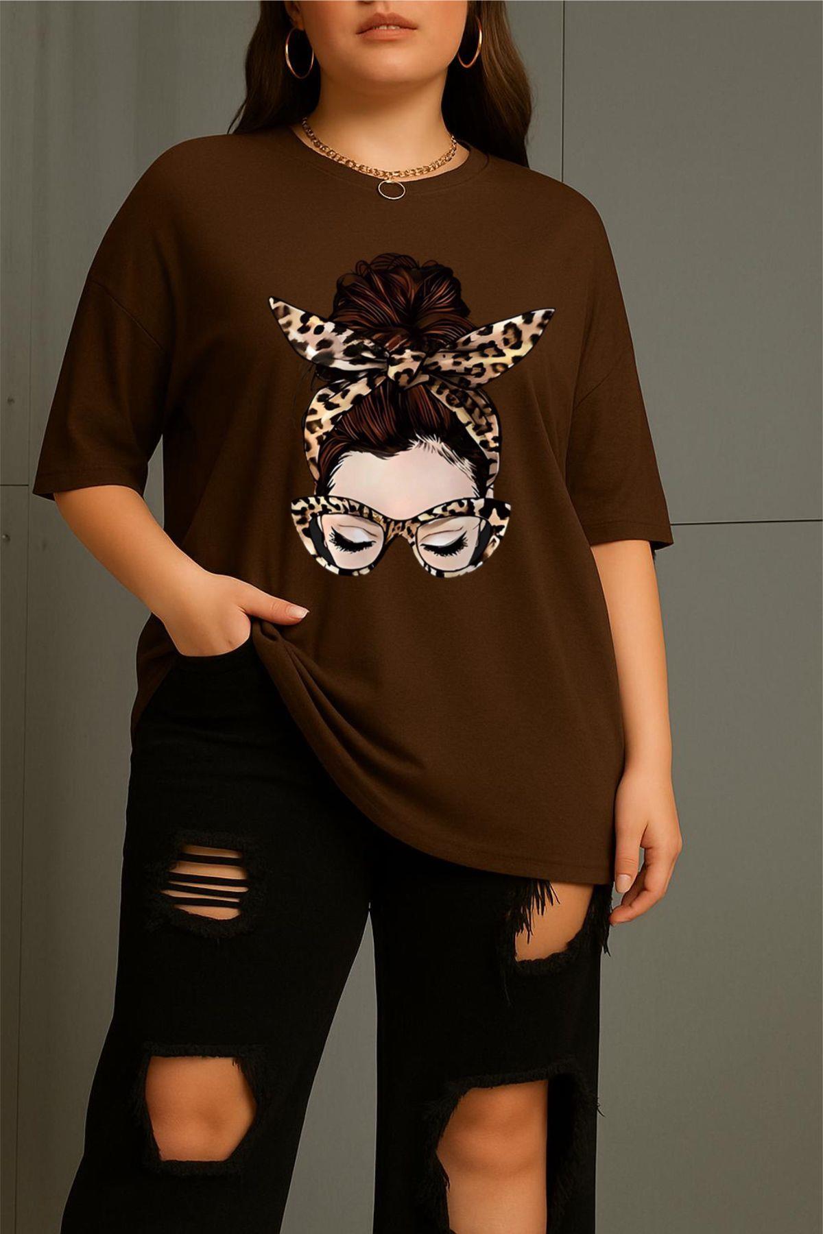 Ceny Kadın Büyük Beden Battal Baskılı Bisiklet Yaka Pamuklu T-Shirt Rahat Kesim Unisex Sevgili Kombini