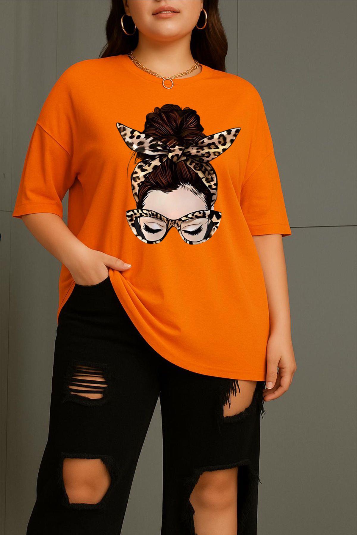 Ceny Kadın Büyük Beden Battal Baskılı Bisiklet Yaka Pamuklu T-Shirt Rahat Kesim Unisex Sevgili Kombini