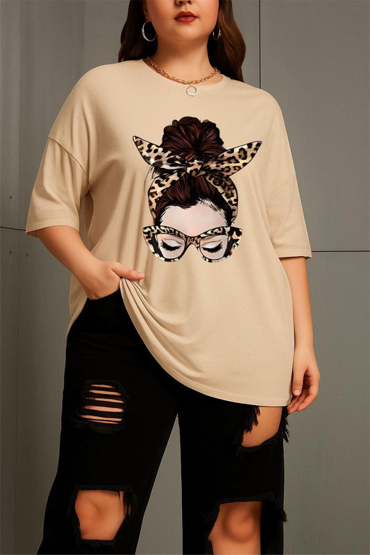 Ceny Kadın Büyük Beden Battal Baskılı Bisiklet Yaka Pamuklu T-Shirt Rahat Kesim Unisex Sevgili Kombini