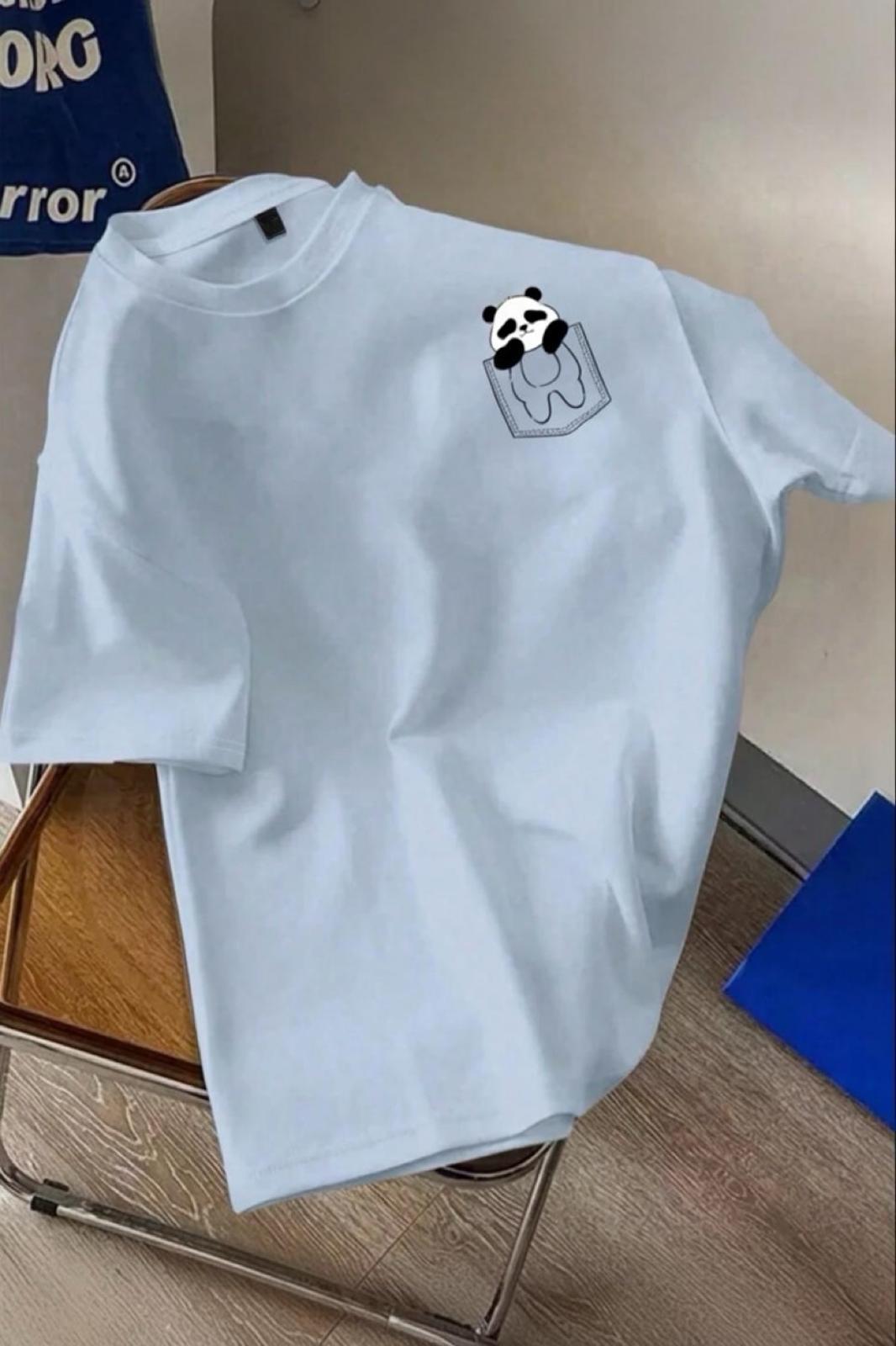 Cepte Panda Baskılı Oversize Unisex Pamuklu Tişört Battal Büyük Beden Tshirt
