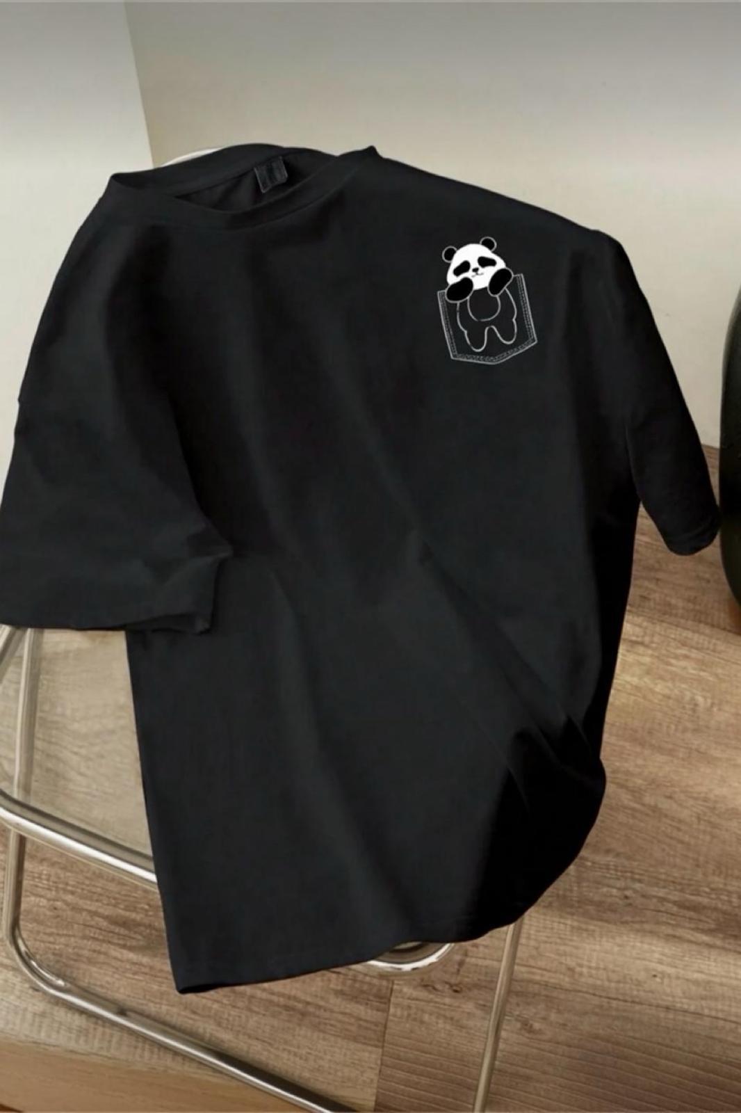 Cepte Panda Baskılı Oversize Unisex Pamuklu Tişört Battal Büyük Beden Tshirt