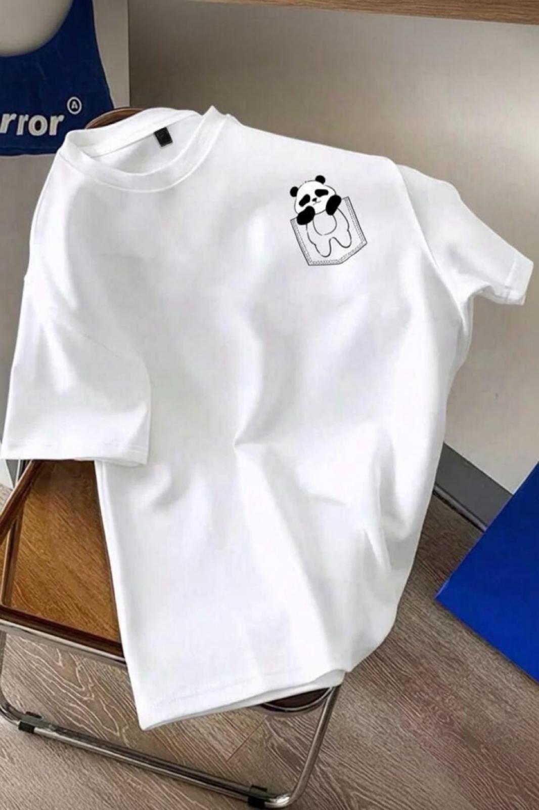 Cepte Panda Baskılı Oversize Unisex Pamuklu Tişört Battal Büyük Beden Tshirt
