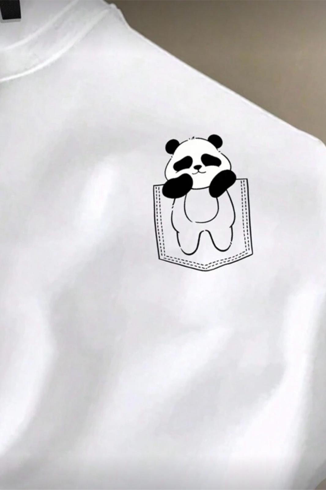 Cepte Panda Baskılı Oversize Unisex Pamuklu Tişört Battal Büyük Beden Tshirt