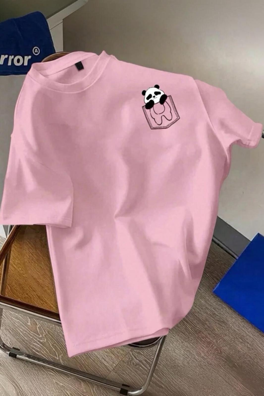 Cepte Panda Baskılı Oversize Unisex Pamuklu Tişört Battal Büyük Beden Tshirt