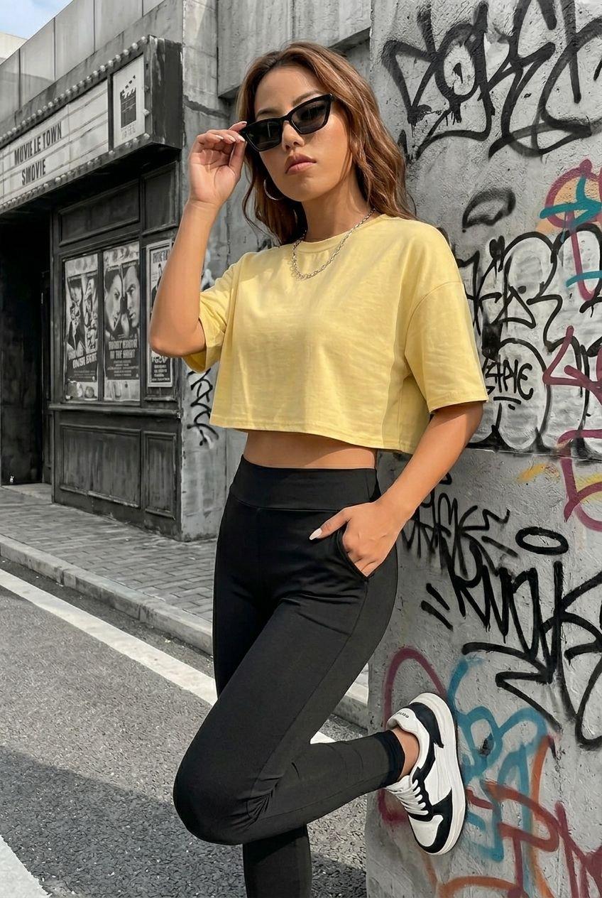 Cezyy Bisiklet Yaka Basic Oversize Crop Tişört - Pamuklu Rahat Kesim