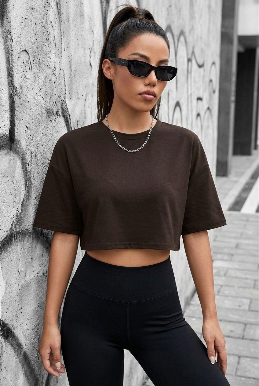 Cezyy Bisiklet Yaka Basic Oversize Crop Tişört - Pamuklu Rahat Kesim