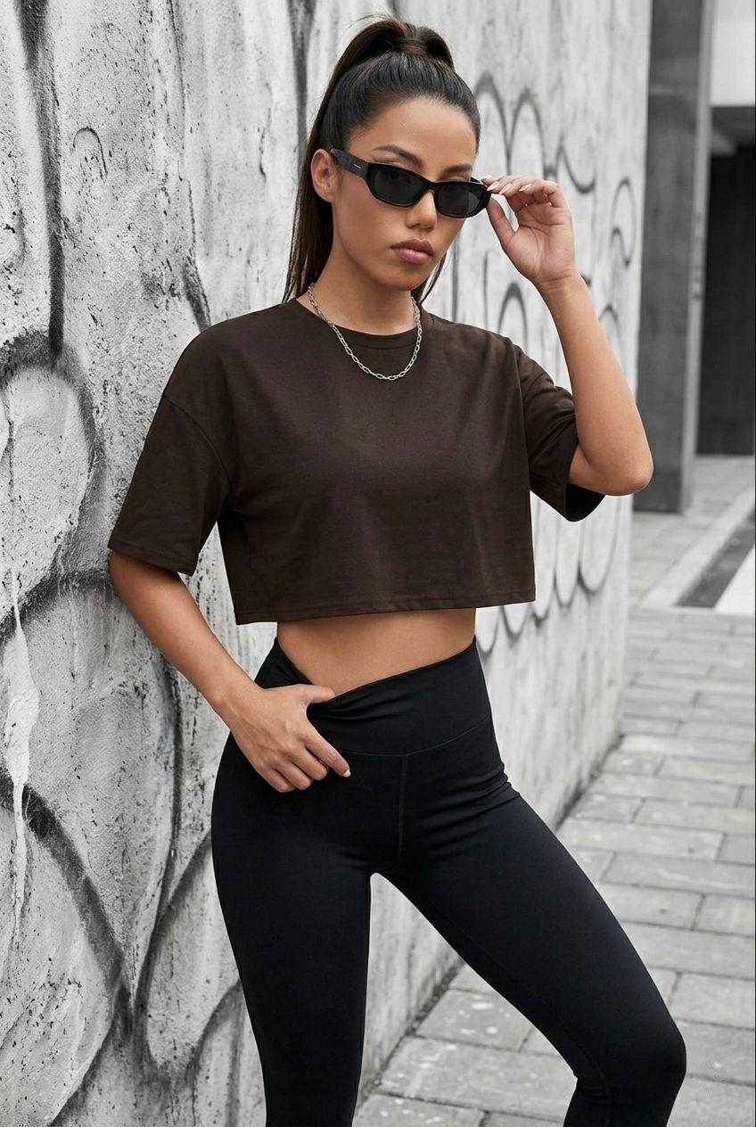 Cezyy Bisiklet Yaka Basic Oversize Crop Tişört - Pamuklu Rahat Kesim
