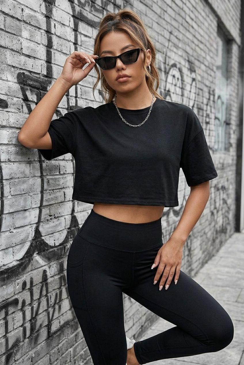 Cezyy Bisiklet Yaka Basic Oversize Crop Tişört - Pamuklu Rahat Kesim