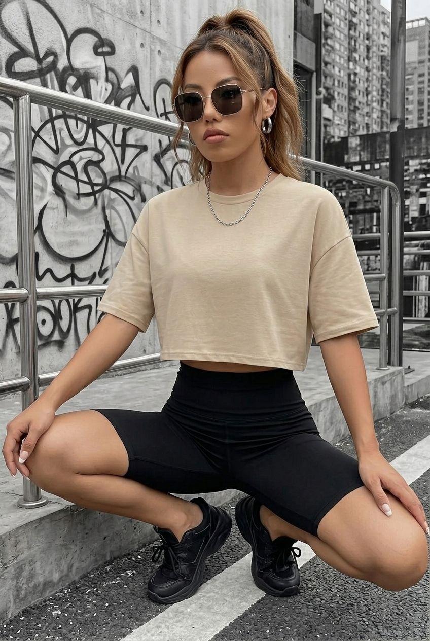 Cezyy Bisiklet Yaka Basic Oversize Crop Tişört - Pamuklu Rahat Kesim