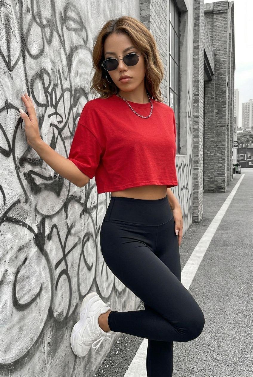 Cezyy Bisiklet Yaka Basic Oversize Crop Tişört - Pamuklu Rahat Kesim